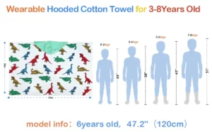 Kids Dino Poncho Towel Size Chart 100% cotton dinosaur kids hooded towel, absorbent soft fabric detail with feature icons
