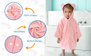 Pink Baby Bathrobe Features Pink baby hooded bathrobe with soft absorbent cotton fabric