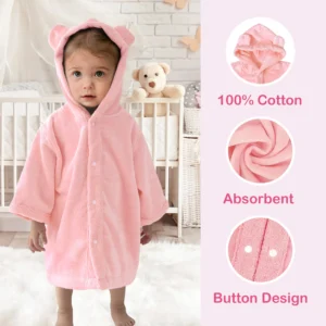 Pink Baby Hooded Bathrobe Front Baby wearing a pink hooded bathrobe