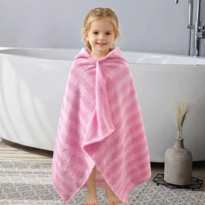Child wearing a pink striped wearable hooded towel, front and back view