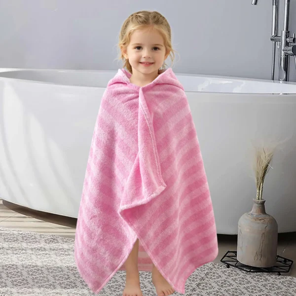 Child wearing a pink striped wearable hooded towel, front and back view