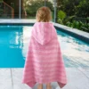 Pink striped kids wearable towel showing product features and details