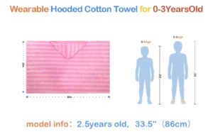 Pink striped wearable towel showing hood, fabric and design details