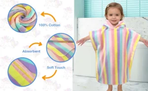 Colorful rainbow stripe toddler hooded towel with hood and absorbent cotton fabric
