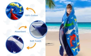 Shark Kids Towel Features Blue shark kids pool towel with soft absorbent fabric