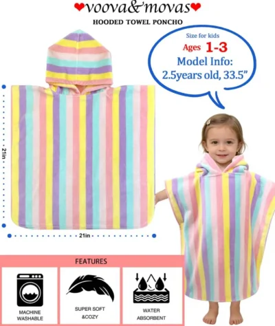 Toddler rainbow hooded towel showing cotton fabric and product features