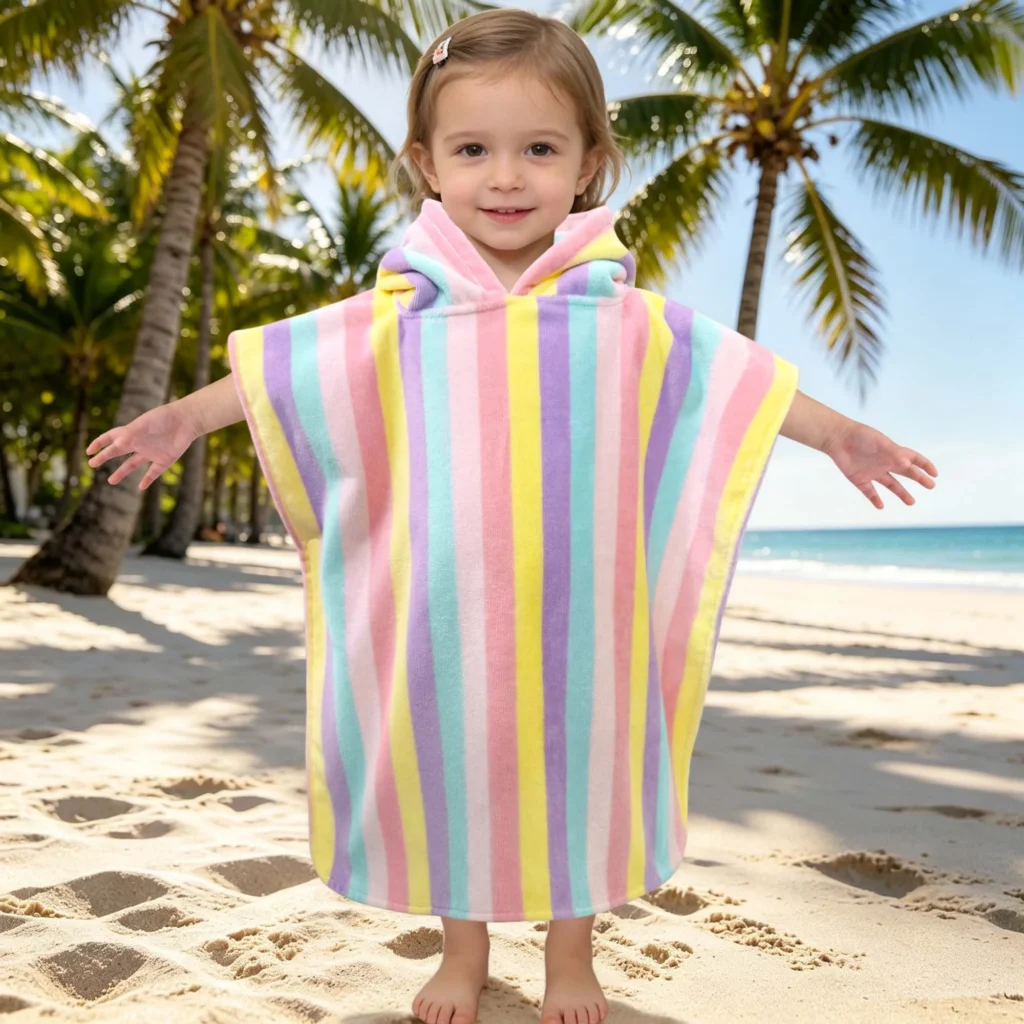 Toddler Rainbow Hooded Towel Toddler wearing a colorful rainbow stripe hooded towel at the beach