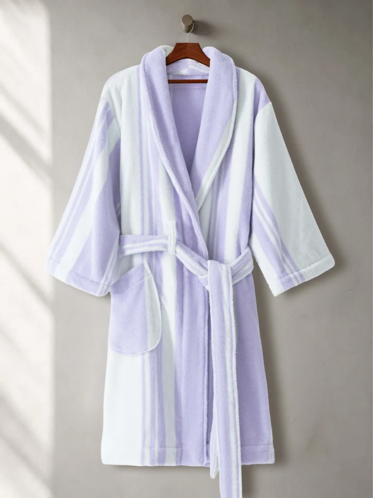 Luxury 100% cotton adult bathrobe featuring a soft shawl collar design in elegant taro purple.1