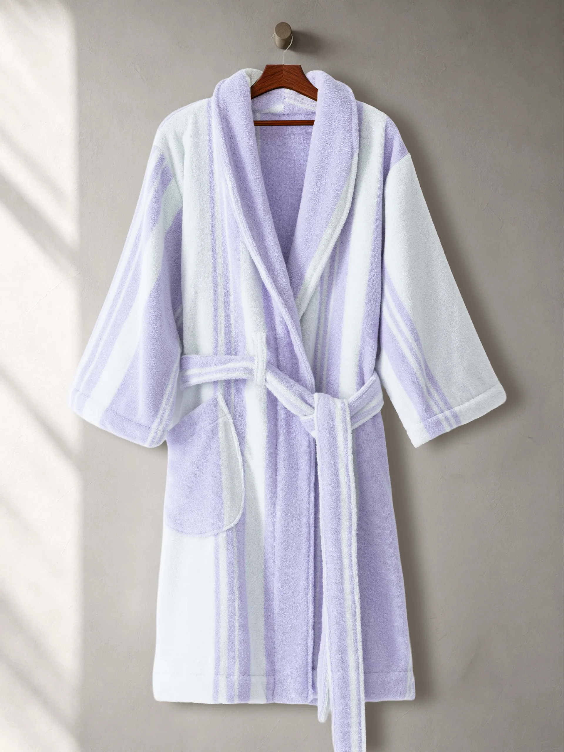 Luxury 100% cotton adult bathrobe featuring a soft shawl collar design in elegant taro purple.1