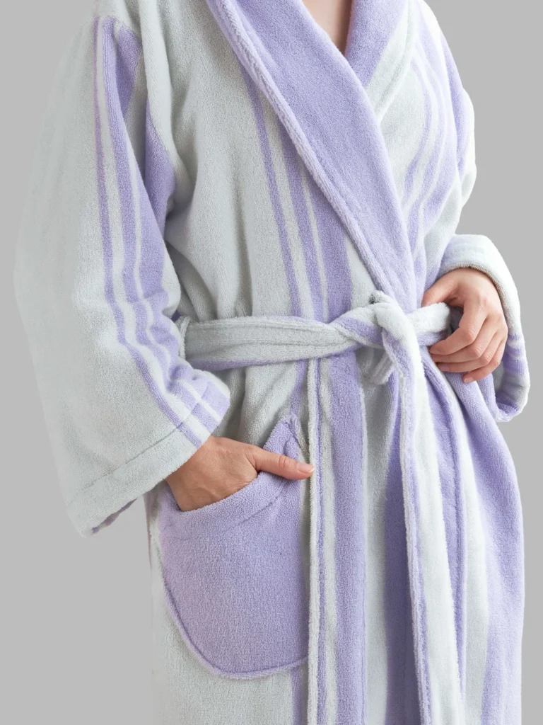 Luxury 100% cotton adult bathrobe featuring a soft shawl collar design in elegant taro purple.5