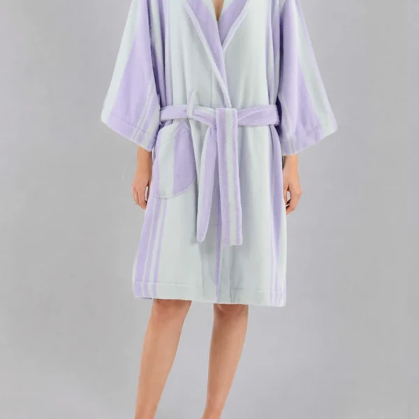 Luxury 100% cotton adult bathrobe featuring a soft shawl collar design in elegant taro purple.2