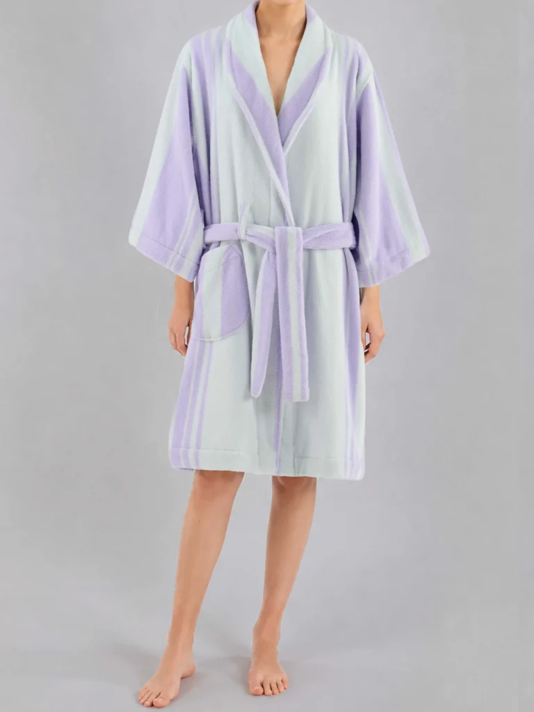 Luxury 100% cotton adult bathrobe featuring a soft shawl collar design in elegant taro purple.2