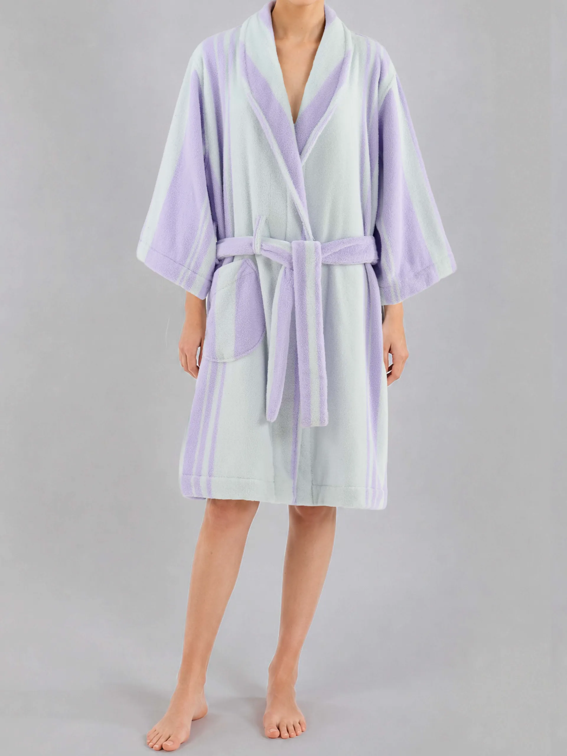 Luxury 100% cotton adult bathrobe featuring a soft shawl collar design in elegant taro purple.2