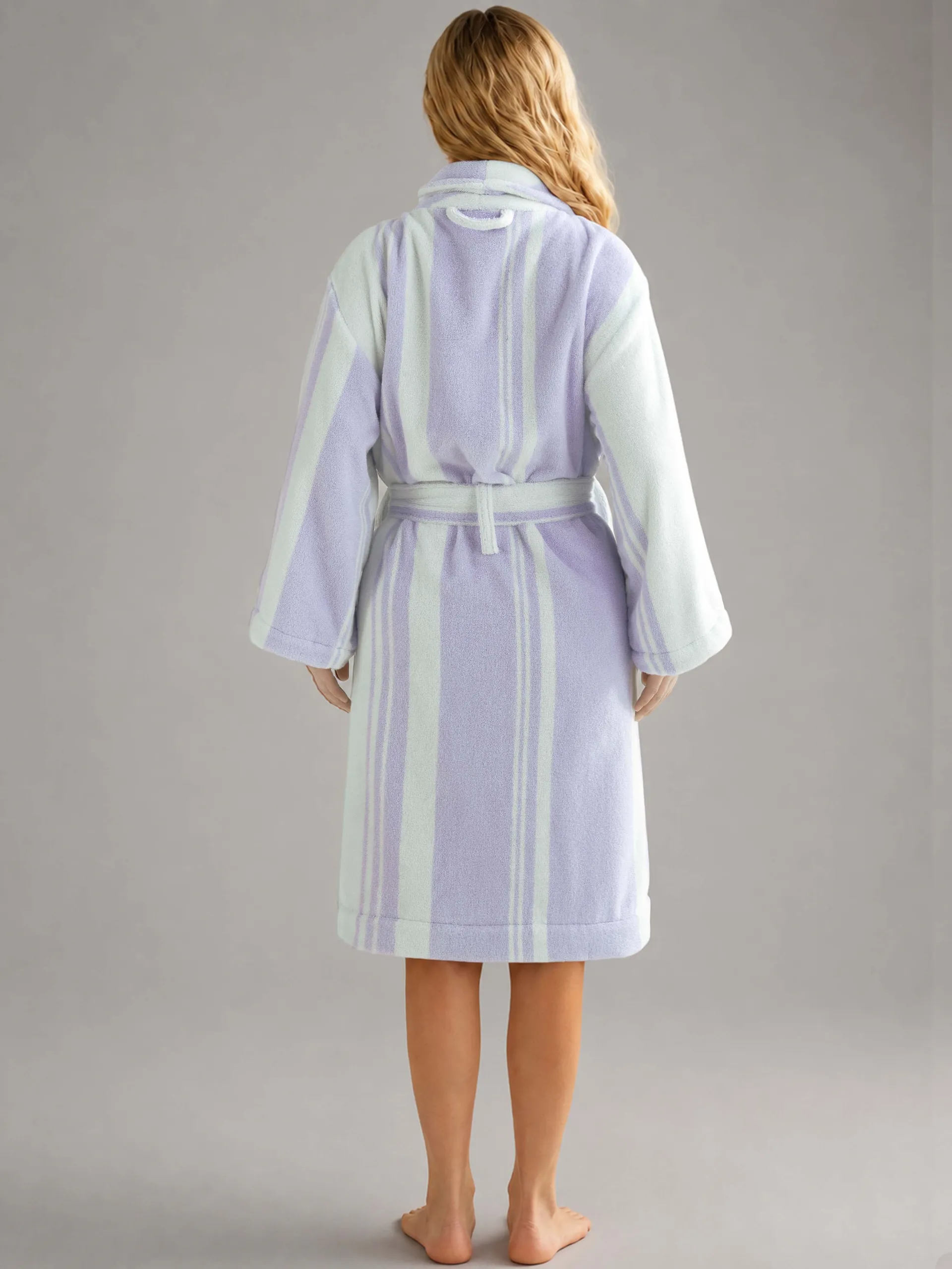 Luxury 100% cotton adult bathrobe featuring a soft shawl collar design in elegant taro purple.3
