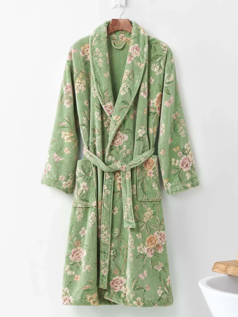voova-cotton-towel-robe-shawl-collar-floral-green