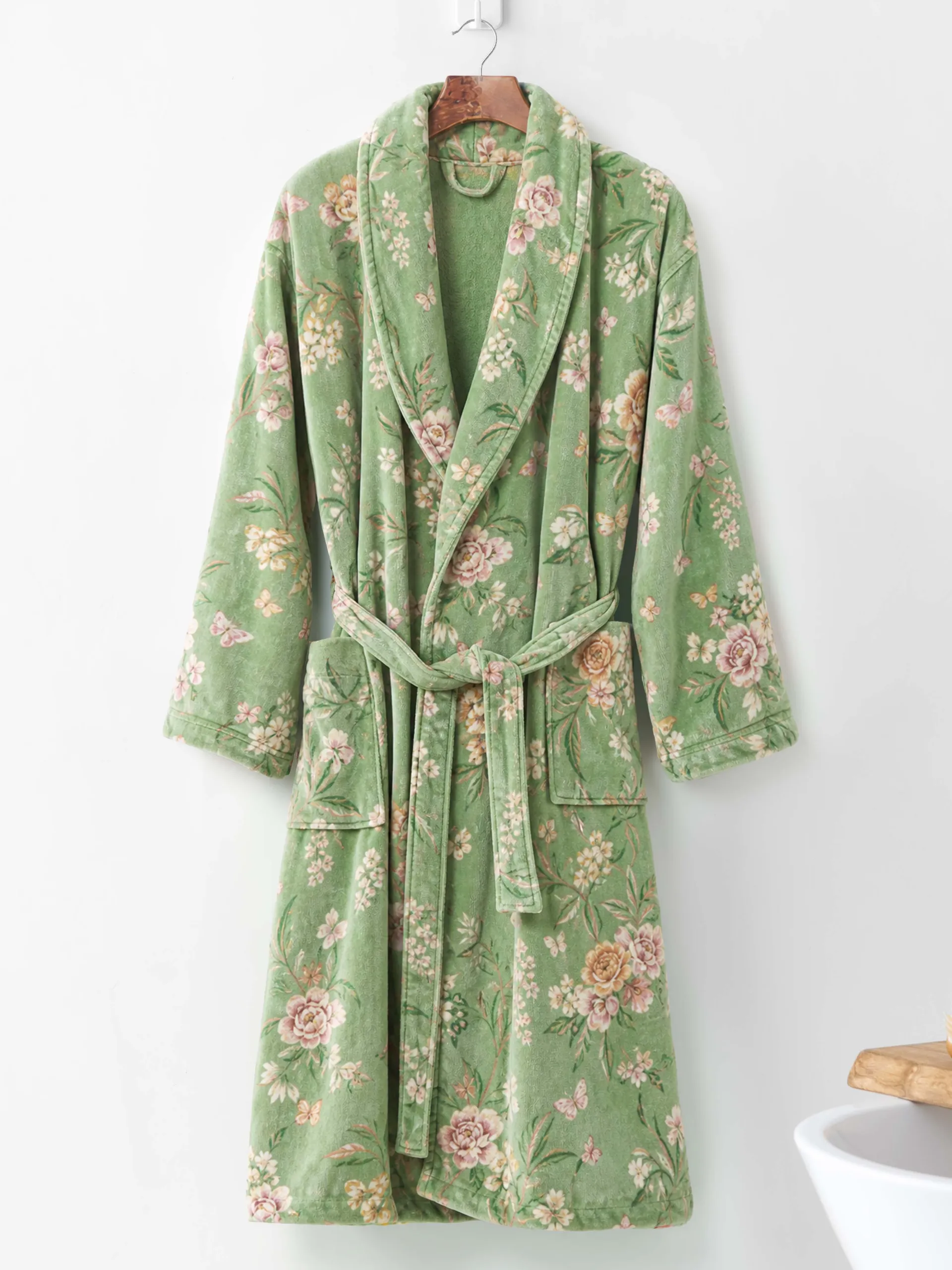 voova-cotton-towel-robe-shawl-collar-floral-green