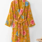 VOOVA adult 100% cotton towel bathrobe with shawl collar in vintage floral mustard