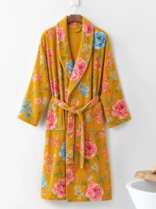 VOOVA adult 100% cotton towel bathrobe with shawl collar in vintage floral mustard