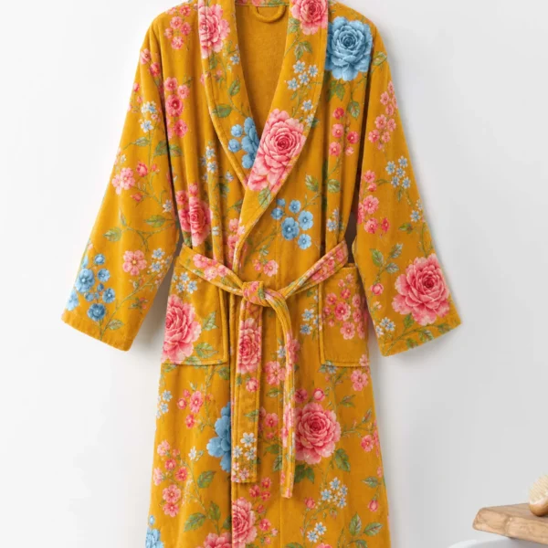 VOOVA adult 100% cotton towel bathrobe with shawl collar in vintage floral mustard