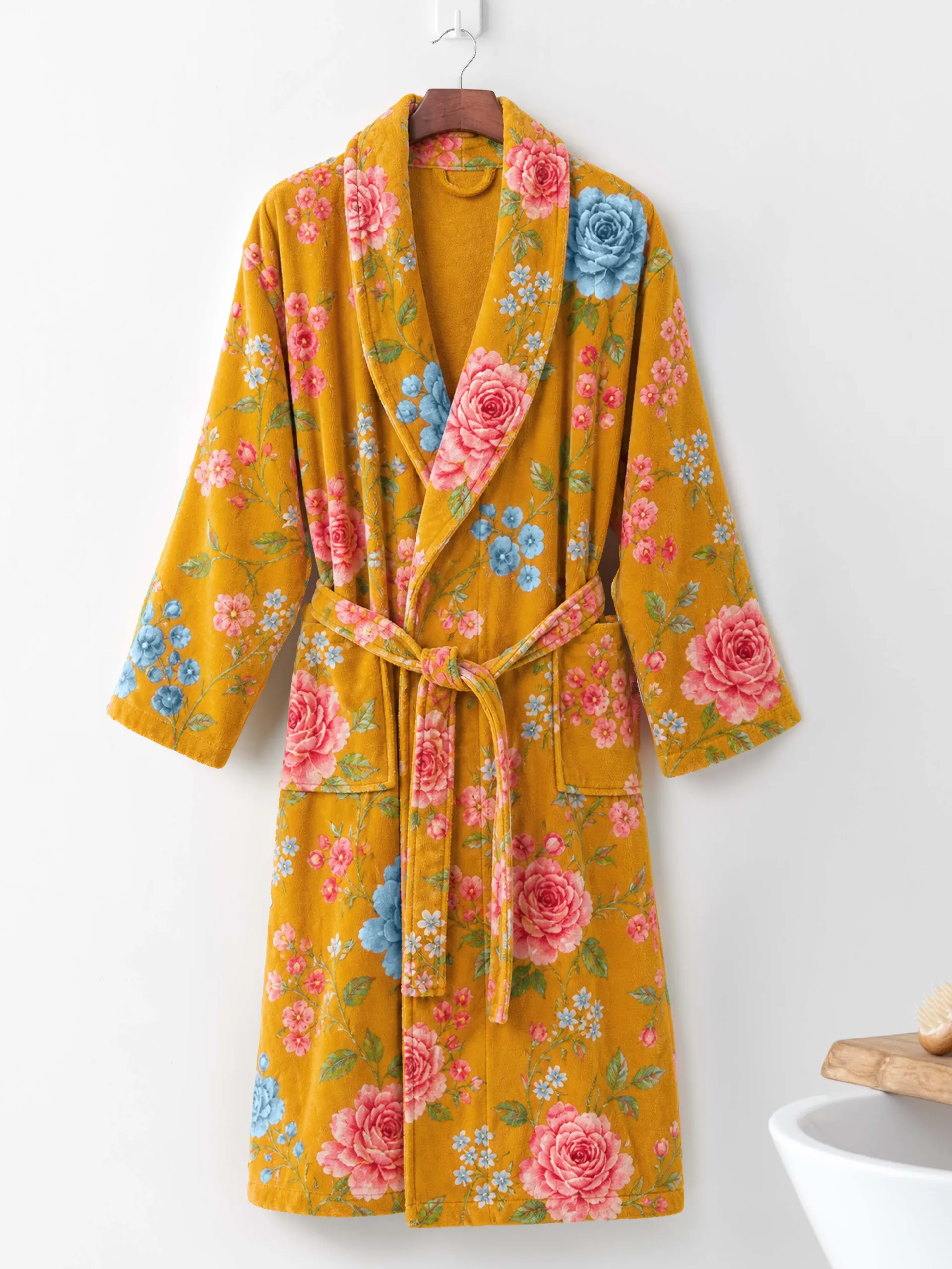 VOOVA adult 100% cotton towel bathrobe with shawl collar in vintage floral mustard