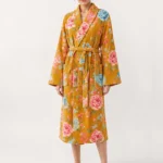 VOOVA & MOVAS  Cotton Towel Robe with Shawl Collar - Vintage Floral Cream