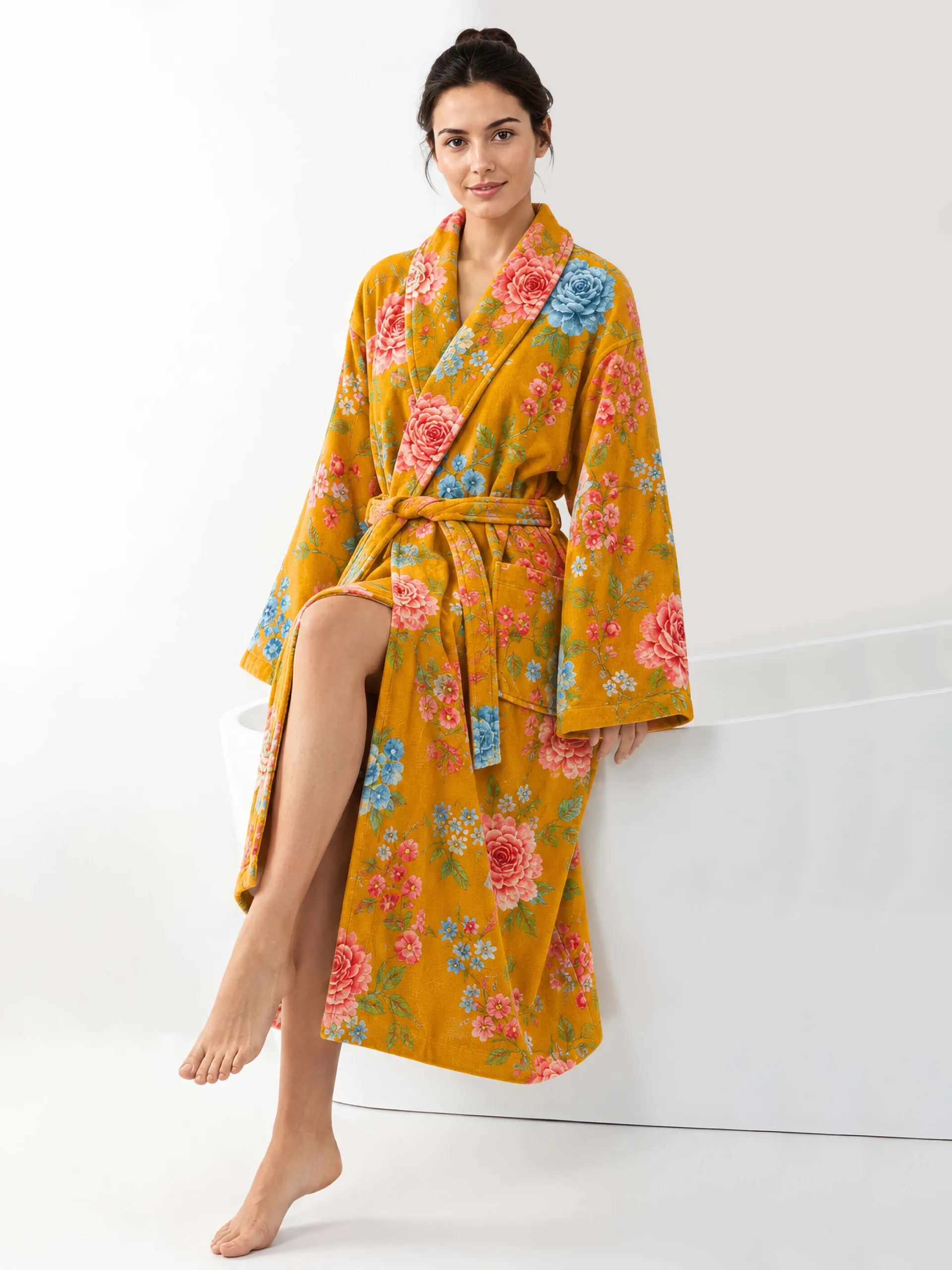 VOOVA & MOVAS  Cotton Towel Robe with Shawl Collar - Vintage Floral Cream - 图片 15