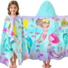 Mermaid Kids Towel Material & Features 100% cotton mermaid kids hooded towel, fast absorbent thick fabric with feature icons