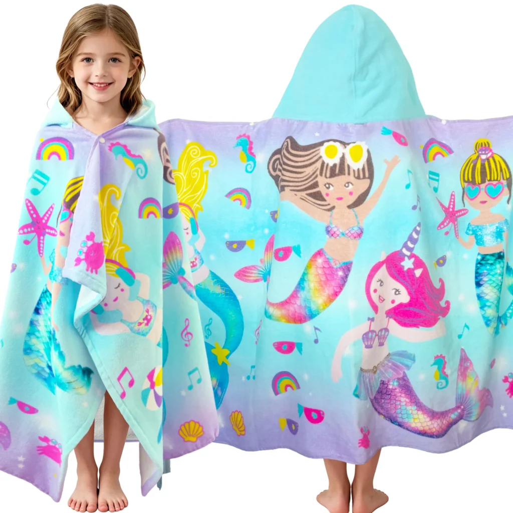 Mermaid Kids Towel Material & Features 100% cotton mermaid kids hooded towel, fast absorbent thick fabric with feature icons