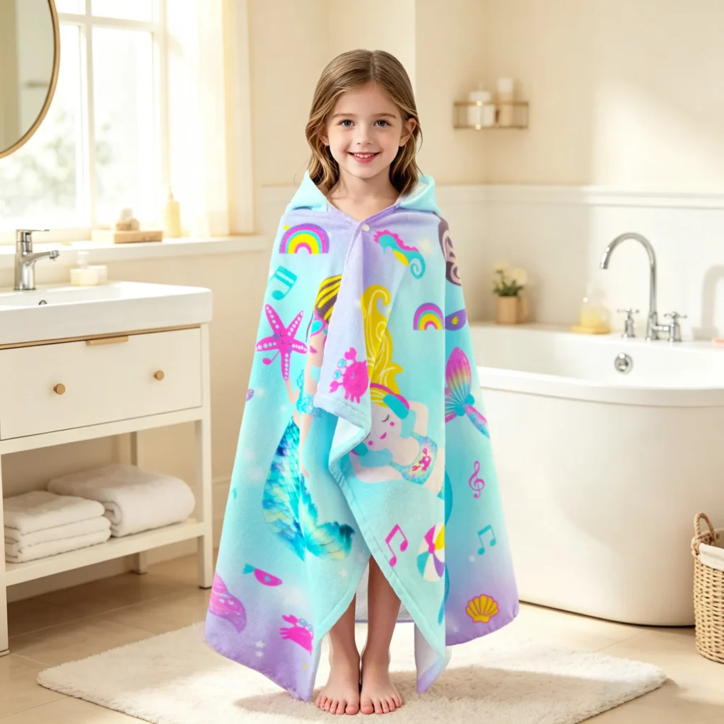 Size chart for mermaid kids hooded poncho towel, size guide for girls beach bath towel 50"x30"