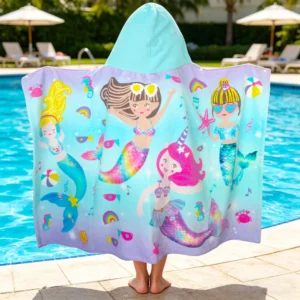 Mermaid Kids Towel Usage Guide Multi-scene usage diagram for mermaid kids hooded poncho towel, bath pool beach use